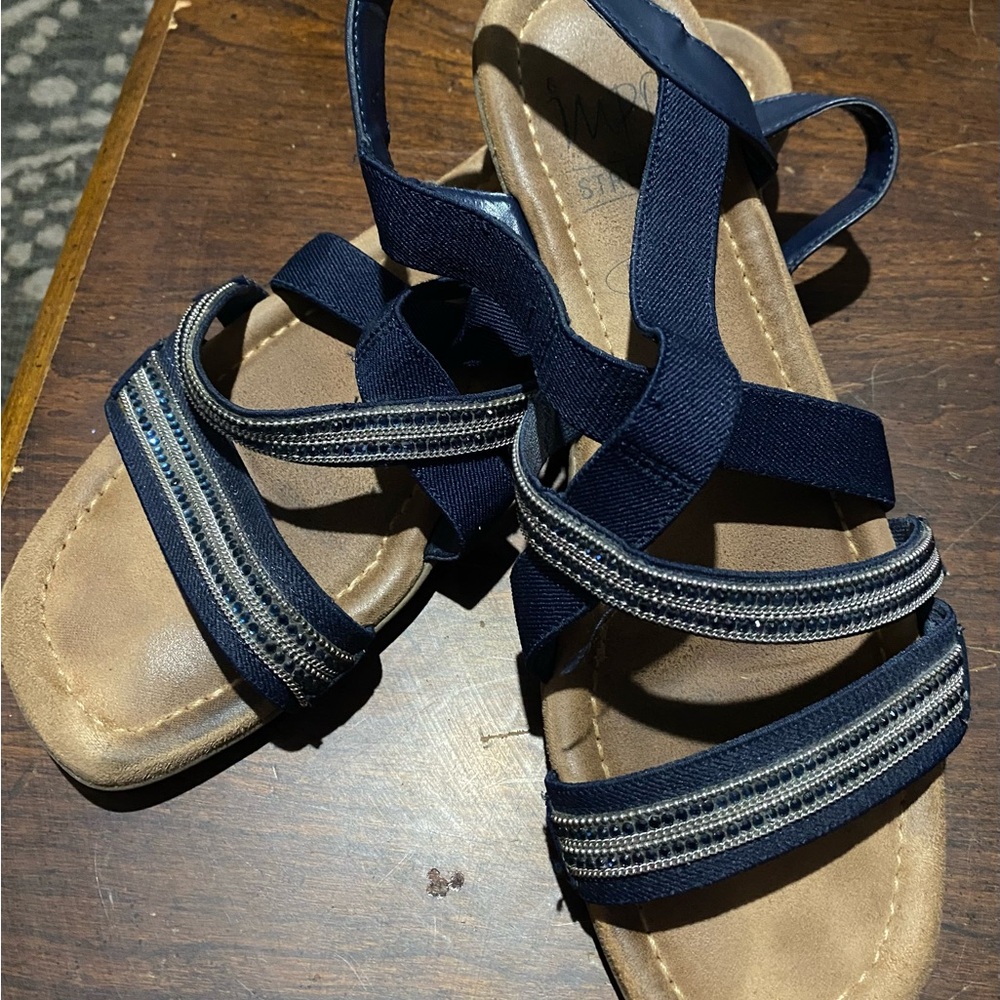 Impo Navy Elastic Strappy Sandals with Tan Footbed